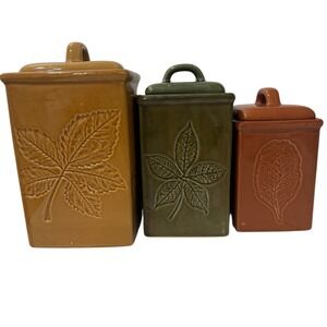 Vintage Lillian Vernon Ceramic Leaf Canister Set of 3 Earth Tones Kitchen Jars